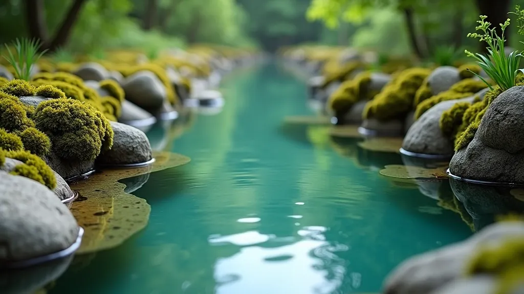 Serene mineral spring water with ripples, surrounded by natural vegetation and moss-covered rocks in peaceful outdoor setting