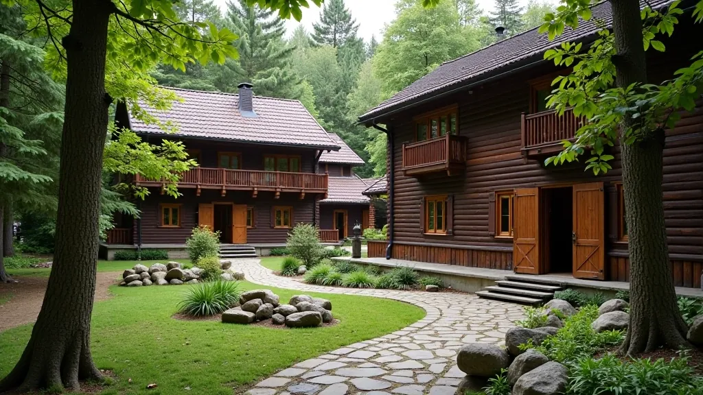 Historic wooden architecture and traditional spa buildings from early 1900s era among forest setting with natural landscaping