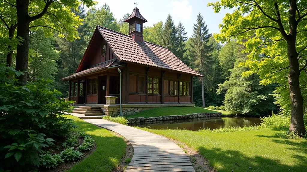 Historic mineral spring building in forest setting