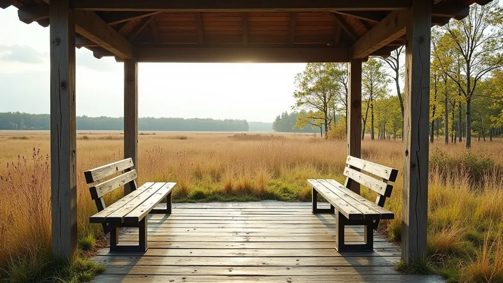 Outdoor rest pavilion with benches in natural forest setting