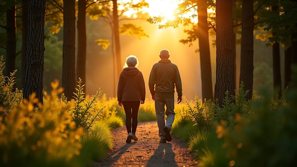 Couple walking peacefully on forest path during golden hour with natural woodland surroundings and soft natural lighting