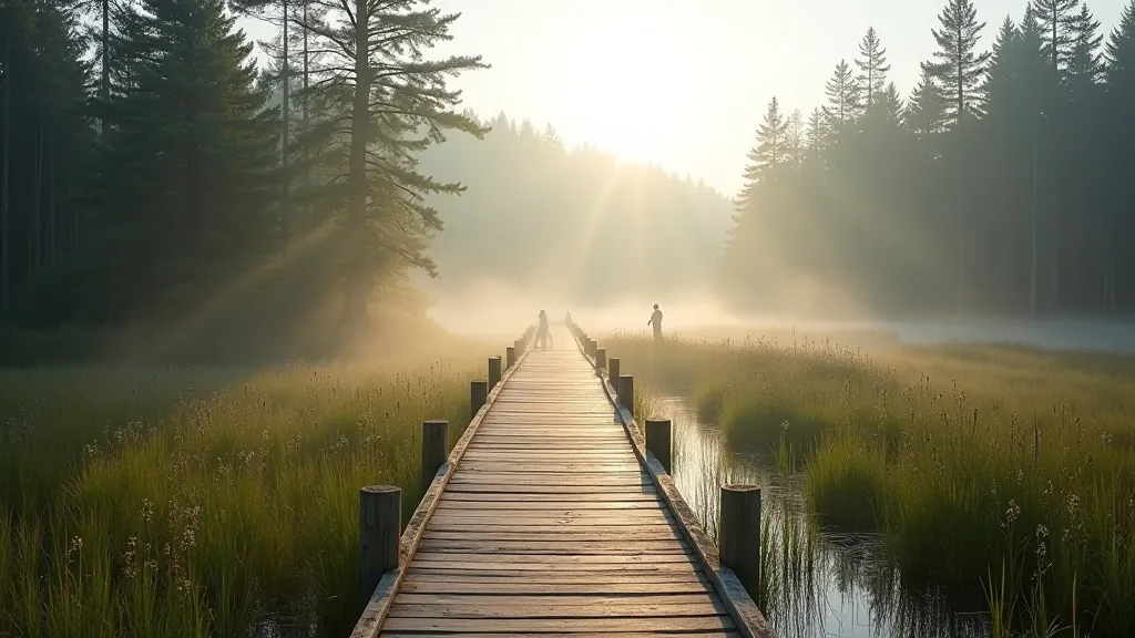 Scenic view of Ķemeri bog boardwalk surrounded by natural wetland vegetation