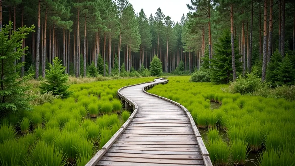 Wooden boardwalk winding through natural forest landscape