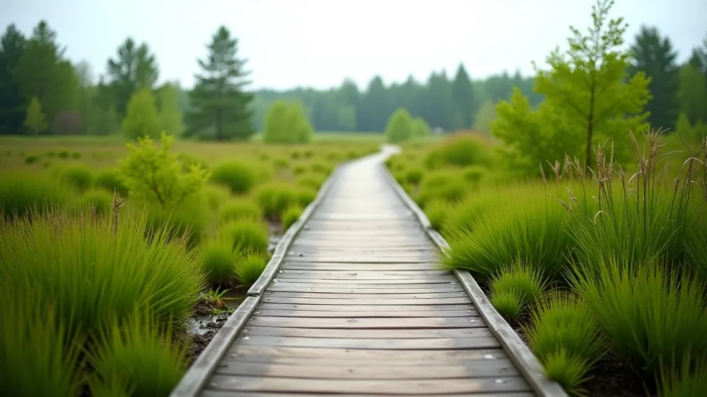 Peaceful wooden boardwalk winding through green peatland landscape with native bog plants and overcast sky