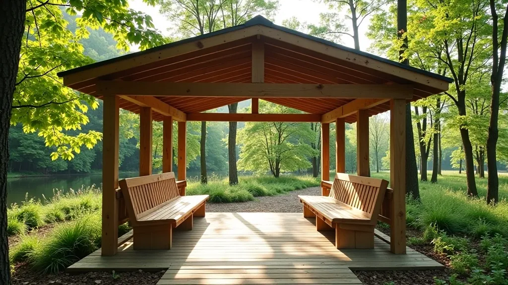 Covered rest pavilion with benches and surrounding natural forest environment