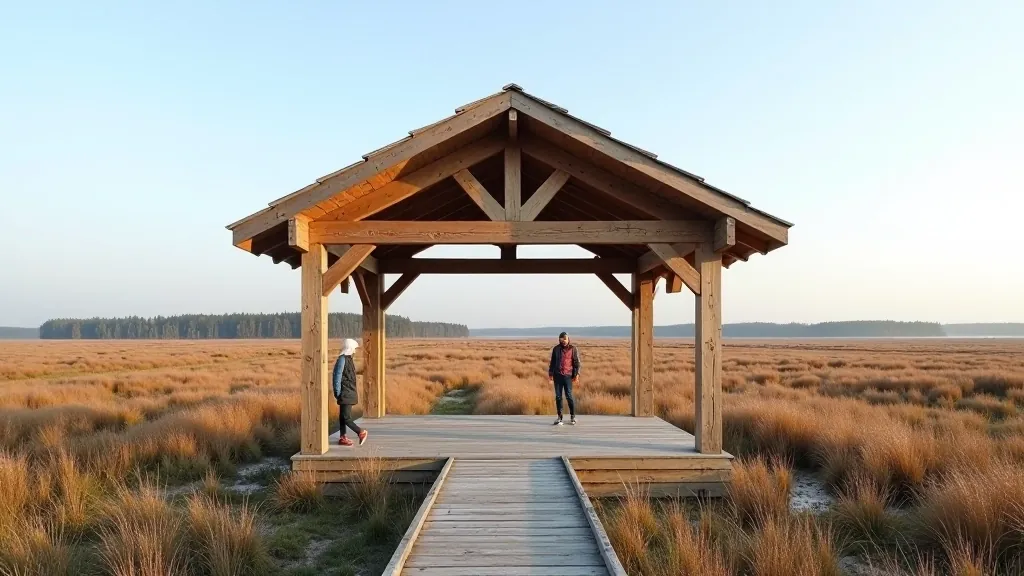 Wide view of rest pavilion structure and surrounding peatland landscape